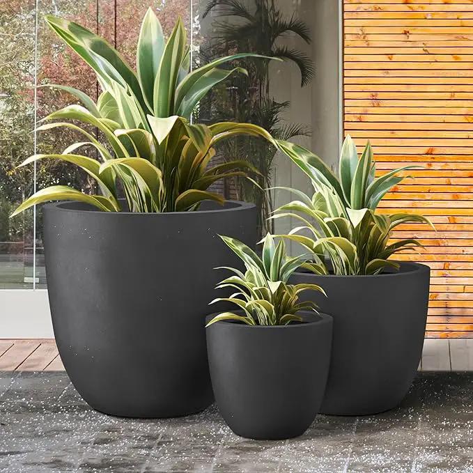 Kante 18",14",10" Dia Concrete Round Planters (Set of 3), Outdoor Indoor Large Planter Pots with Drainage Hole and Rubber Plug for Home Patio Garden, Black by GreenHaven Gardens