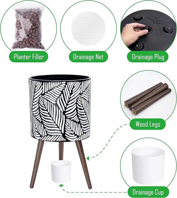 D'vine Dev 14 Inch Planter Pot with Stand, Mid-Century Tall Plant Pot with Legs for Indoor Plants, X-Large, White/Grey, 88-L-D-7 by GreenHaven Gardens