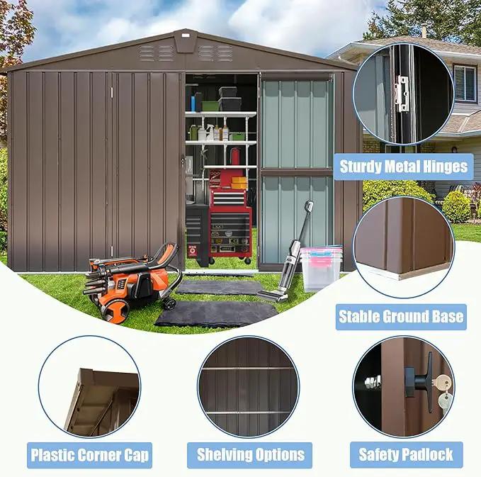 Domi Outdoor Storage Shed 8.2' x 6.2', Metal Steel Utility Tool Shed Storage House with Double Lockable Doors & Air Vents for Backyard Patio Garden Lawn Brown by GreenHaven Gardens