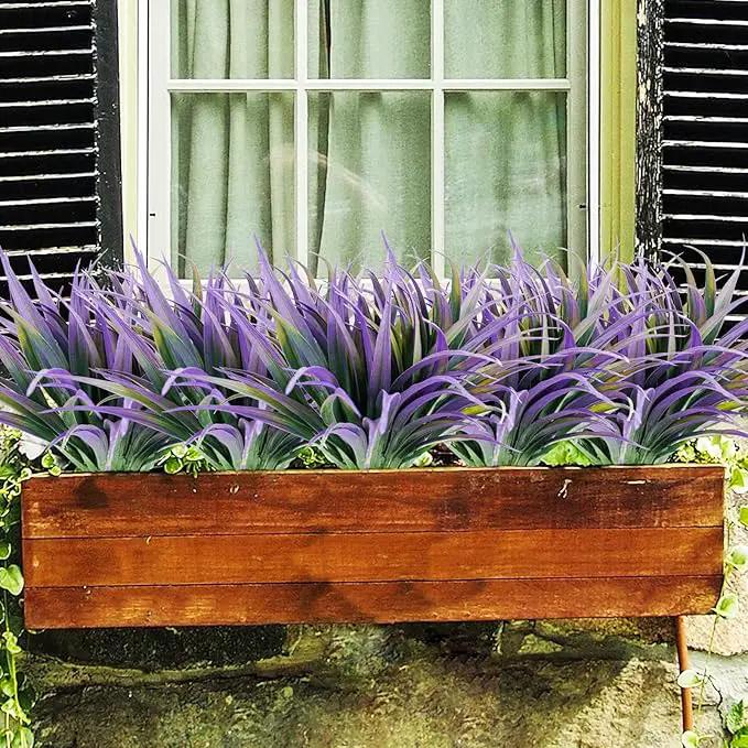 16Pcs Artificial Grass Fake Plants 17.3in Outdoor Plants UV Resistant Faux Greenery Stems Fake Grass for Home Window Garden Office Patio Pathway Front Porch Halloween Décor Green & Purple by GreenHaven Gardens