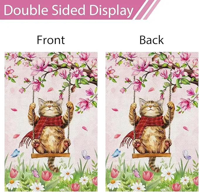 Heyfibro Spring Cute Cat Welcome Garden Flag 12x18 Inch Double Sided Burlap Butterfly Floral Yard Flag for Seasonal Holiday Farmhouse Outdoor Decor(ONLY FLAG) by GreenHaven Gardens