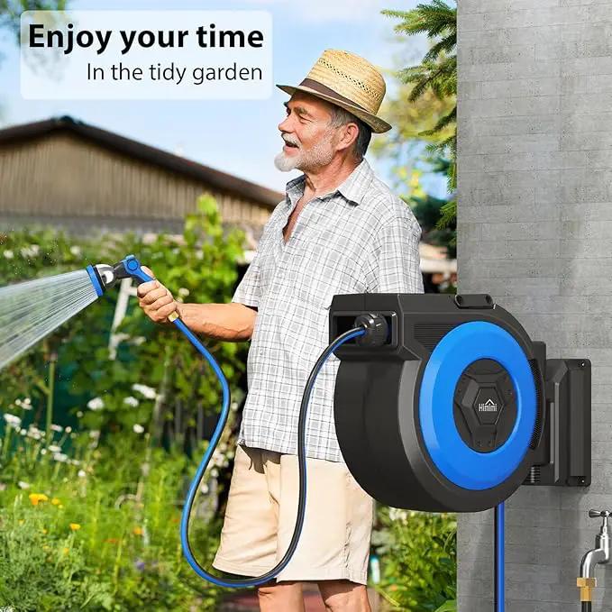 Retractable Garden Hose Reel, 1/2" x 131FT Heavy Duty Automatic Retractable Hose Reel Wall Mount, with 10- Function Sprayer Nozzle, Any Length Lock/Auto Rewind/180°Swivel by GreenHaven Gardens
