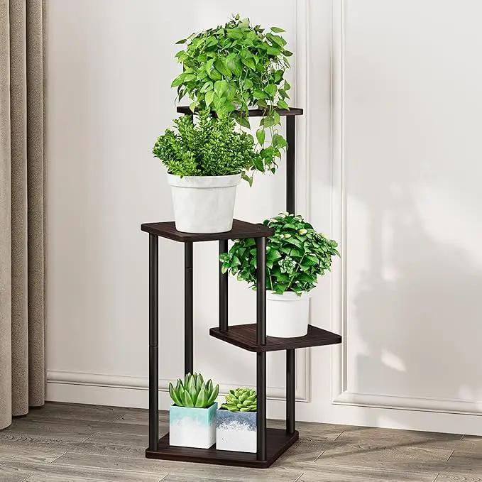 AZERPIAN Plant Stand 4 Tier Indoor Metal Flower Shelf for Multiple Plants Corner Tall Flower Holders for Patio Garden Living Room Balcony Bedroom, Black oak by GreenHaven Gardens