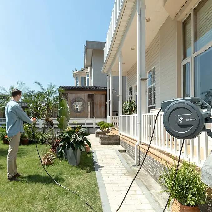 Giraffe Tools Metal Retractable Hose Reel 130 FT Wall Mounted Heavy Duty Hose Reel with 9 Pattern Nozzle 180 Deg Swivel, Metal Bracket Any Length Lock (1/2 130FT PRO, Dark Grey) by GreenHaven Gardens