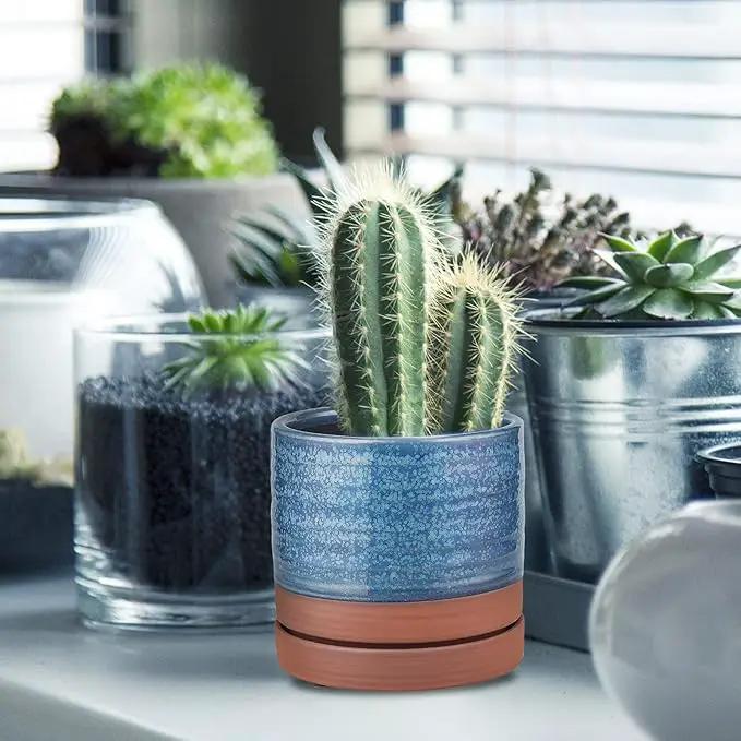 6 Inch Plant Pots, Ceramic Planter Pot with Drainage Hole & Saucer, Indoor/Outdoor Cylinder Round Planter Pot, Aqua Blue & Terracotta Red by GreenHaven Gardens