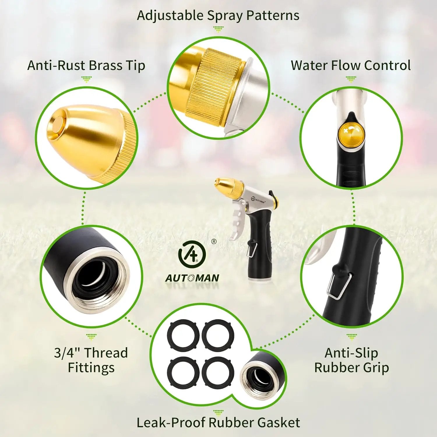 AUTOMAN Metal Hose Nozzle, High Pressure Garden Hose Sprayer, 100% Metal Water Hose Nozzle, Adjustable Watering Nozzle, Heavy Duty Garden Nozzle for Watering Plants & Lawns, Washing Cars & Pets by GreenHaven Gardens