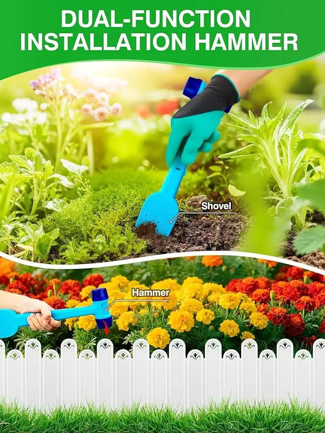 20PCS White Garden Edging Borders, 9.76" H Plastic Fences Edging with Hammmer Shovel Gloves, 13.6Ft Decorative Interlocking Landscape Edging, Flexible Flower Bed Border for Patio by GreenHaven Gardens