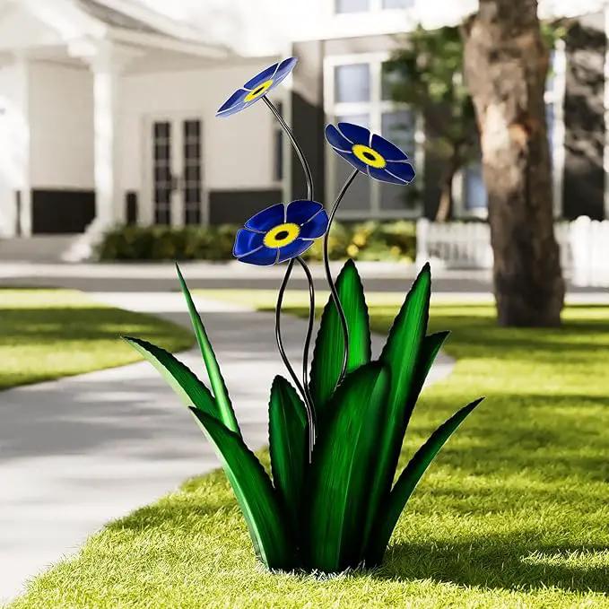 Upgraded Large Metal Yard Art, Agave Plant Yard Decorations, Outdoor Sculpture, Flowers for Outside, Waterproof Garden Decor (Green + Blue Flower) by GreenHaven Gardens