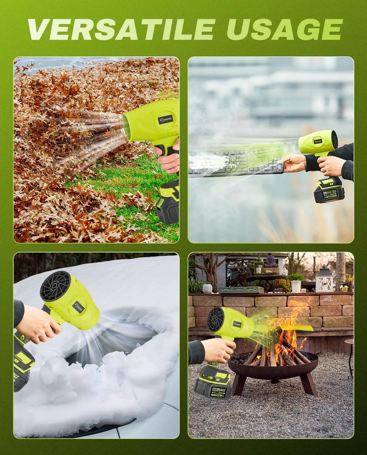 Saker Cordless Leaf Blower Portable Dust Cleaner Handheld Blowers 2 x 4.0Ah Batteries 180000 RPM Air Duster with Adjustable Speed for Drying Patio Cleaning Green by GreenHaven Gardens