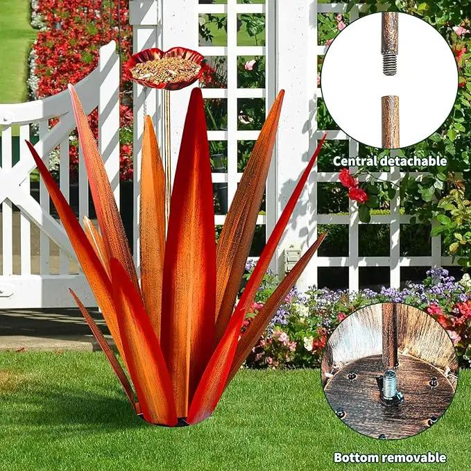 Large Tequila Rustic Sculpture, Rustic Metal Agave Plants for Outdoor Patio Yard, Home Decor Hand Painted Metal Agave Garden Yard Statue, Outdoor Lawn Ornaments (Red - L (W/Bird Feeder)) by GreenHaven Gardens