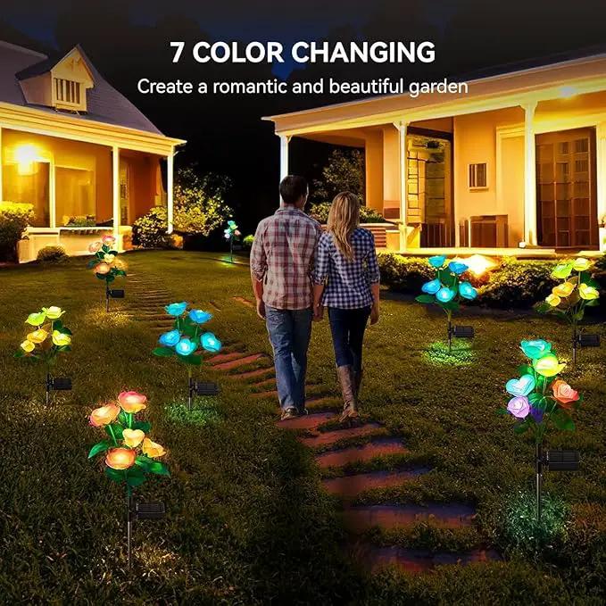 3 Pack Solar Garden Lights Outdoor, Solar Lights Outdoor IP65 Waterproof, 7 Color Changing Solar Powered Flowers Rose Lights for Outside Patio Yard Pathway by GreenHaven Gardens