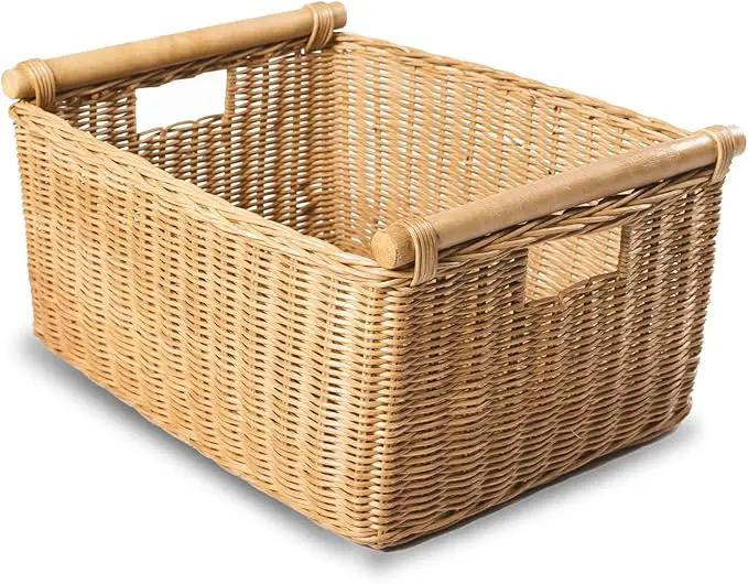 The Basket Lady Pole Handle Wicker Storage Basket, Extra Large, 20 in L x 16 in W x 10 in H, Sandstone by GreenHaven Gardens