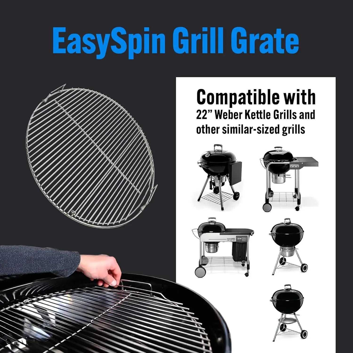 SnS Grills EasySpin Charcoal Grill Cooking Grate, 304 Stainless Steel, Large Hinged Opening, Perfect for 2-Zone Cooking, Replacement Grate Compatible with Weber & Other Grills - Fits 22” Kettles by GreenHaven Gardens