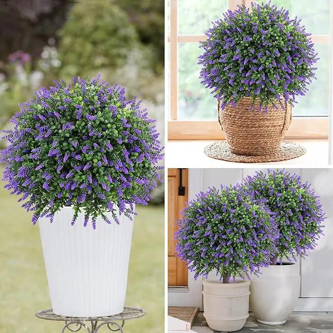 Artificial Lavender Topiary Ball Tree 25" with Ground Spike, Set of 2 Artificial Boxwood Bushes for Faux Shrubs, Fake Evergreen Faux Plant for Indoor Outdoor Porch Garden -UV Resistant–Fade-Proof by GreenHaven Gardens