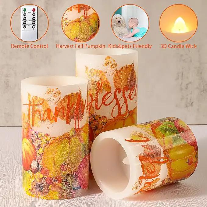 Thanksgiving Blessings LED Candles Pumpkin Glitter Desgin Real Wax Flickering Flameless Fall Harvest Battery Operated with Remote Timer 6H for House Warming Gifts New Home Table Tary Decor by GreenHaven Gardens