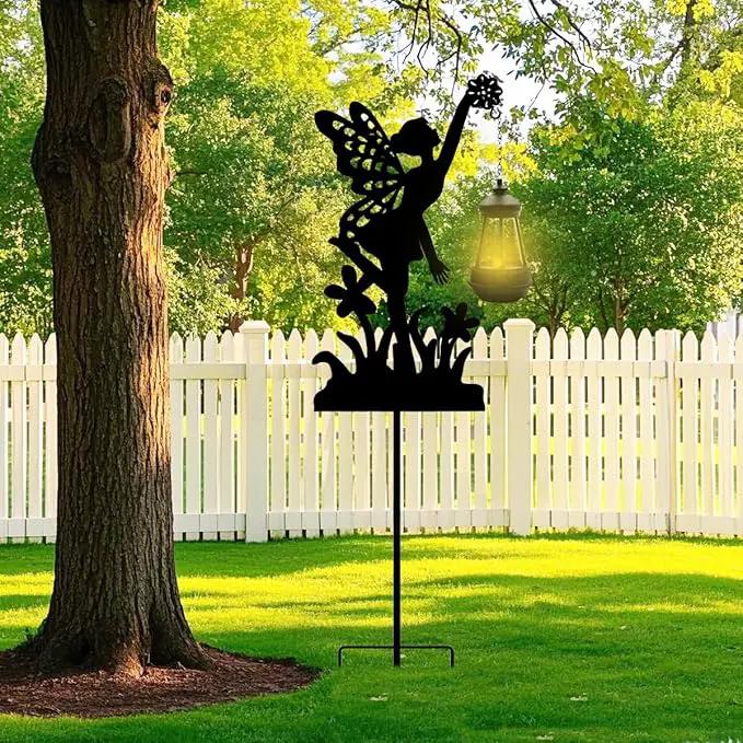 Garden Stakes Outdoor Decor Metal Angel Holding Solar Lantern Decorative Garden Metal Flower Stakes Outdoor Angels Silhouette Stake by GreenHaven Gardens