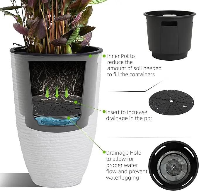 WORTH Garden 2-Pack 21" H. White Tall Planters with Inside Pots - 14'' Dia Plastic Large Round Plant Tree Pots - Decorative Imitation Stone Finish for Indoor Outdoor Front Porch Container Patio by GreenHaven Gardens
