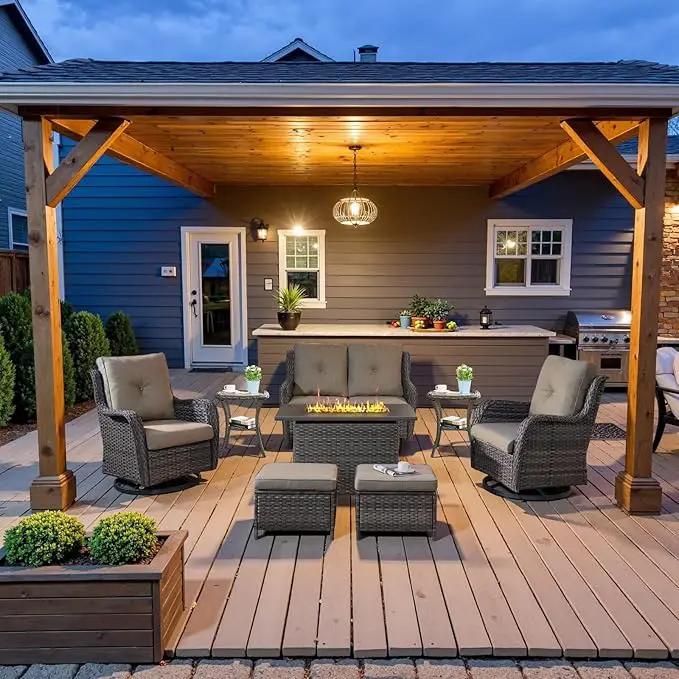 8 Piece Outdoor Patio Furniture Set - 41" CSA Propane Fire Pit Table Patio Conversation Set with Swivel Rocker Outdoor Chairs, Wicker loveseat and Ottoman for Outside Casual Gathering by GreenHaven Gardens