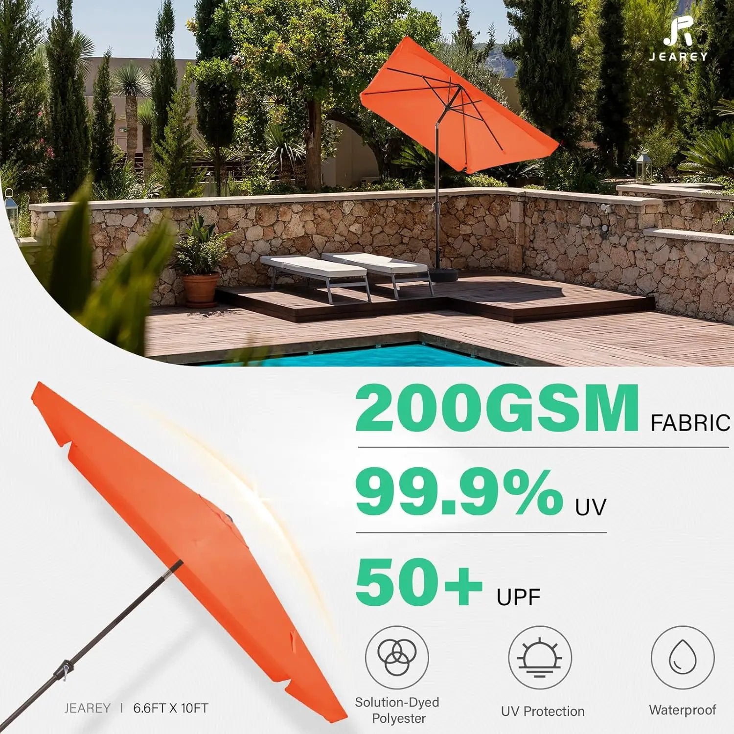 JEAREY 6.6 FT x 10 FT Rectangular Patio Umbrellas Outdoor Large Market Umbrella Pool w/Tilt & Crank Lift System 6 Sturdy Ribs UV Protection Waterproof Sunproof Orange by GreenHaven Gardens