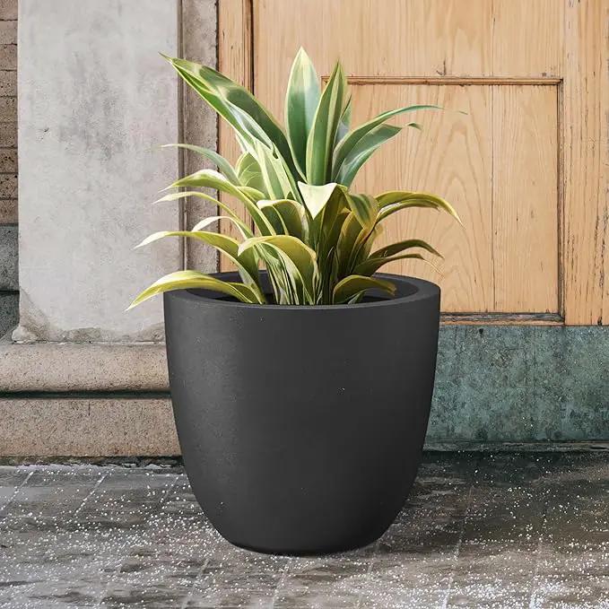 Kante 18 Inch Dia Round Concrete Planter, Indoor Outdoor Large Plant Pot with Drainage Hole and Rubber Plug for Home Patio Garden, Black by GreenHaven Gardens
