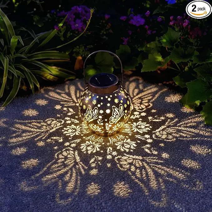 2 Pack Outdoor Solar Hanging Lantern Lights Metal LED Decorative Lamp for Garden Patio Porch Lawn and Table.Unique Gifts for Women Gardening. (Bronze Butterfly) by GreenHaven Gardens