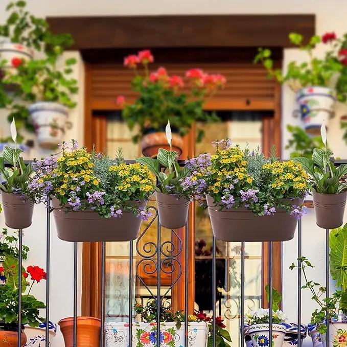 Metal Iron Flower Pots for Railing Fence Hanging Bucket Pots(5 Pcs) and Hanging Flower Pots Metal Iron Bucket Planter(10 Pcs) (Bronze) by GreenHaven Gardens