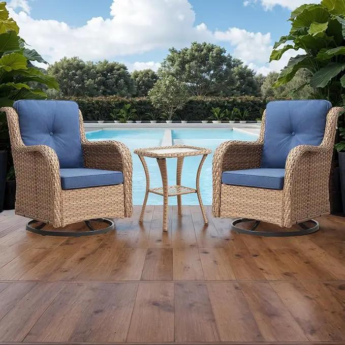 Outdoor Patio Swivel Rocker Chairs - 3 Piece Patio Bistro Set,Wicker Patio Furniture Set with 2 Swivel Rocking Chairs and 1 Glass Top Side Table for Deck Porch Garden,Yellow/Blue by GreenHaven Gardens