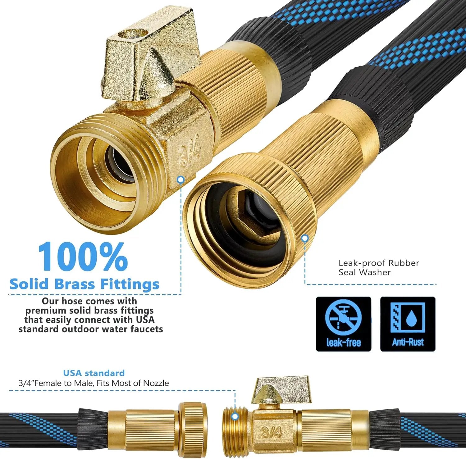 100ft Garden Hose - Water Hoses w/10 Function Spray Nozzle, 2025 New Superior Strength Flexible Hose, 3/4" Brass Connectors- Leakproof Lightweight Water Pipe for Gardening(Blue Black) by GreenHaven Gardens