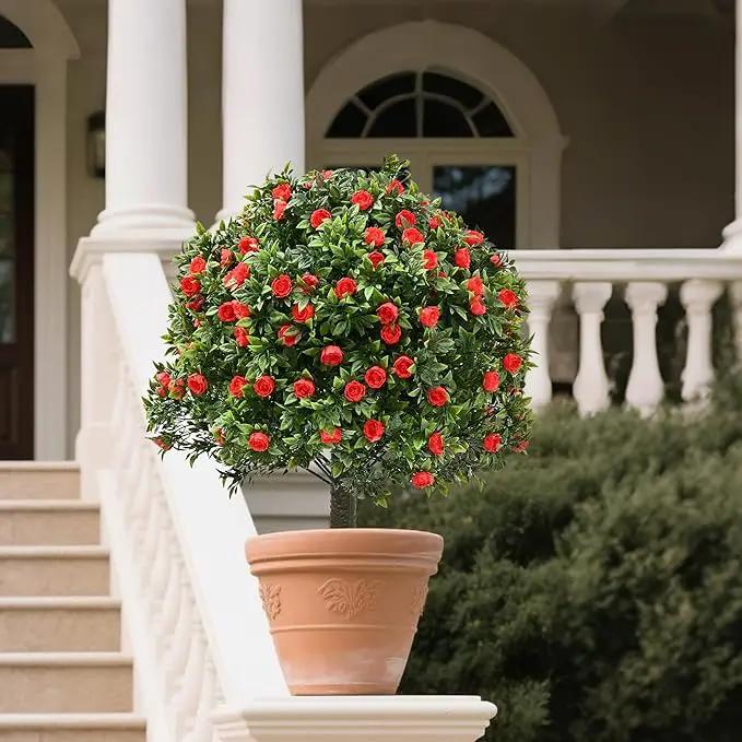 28" Artificial Boxwood Topiary Tree with Rose, Set of 2 Artificial Shrub Bushes with Ground Spike, Fake Evergreen Tree for Porch, Artificial Plants for Outdoor Planters Indoor UV Resistant by GreenHaven Gardens