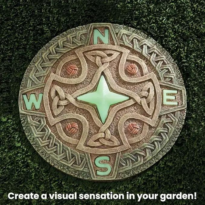 Bits and Pieces - 10” (25.5 cm) Glow-in-The-Dark Celtic Compass Decorative Stone - Yard Decoration – Beautiful Lawn/Garden Stone by GreenHaven Gardens