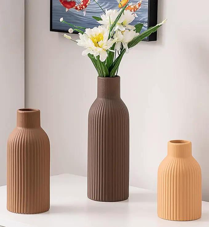 Ceramic Vase Set of 3, Flower Vases for Spring Room Decor, Kitchen Farmhouse, Modern Boho Style(Brown/Dark Brown/Orange) by GreenHaven Gardens