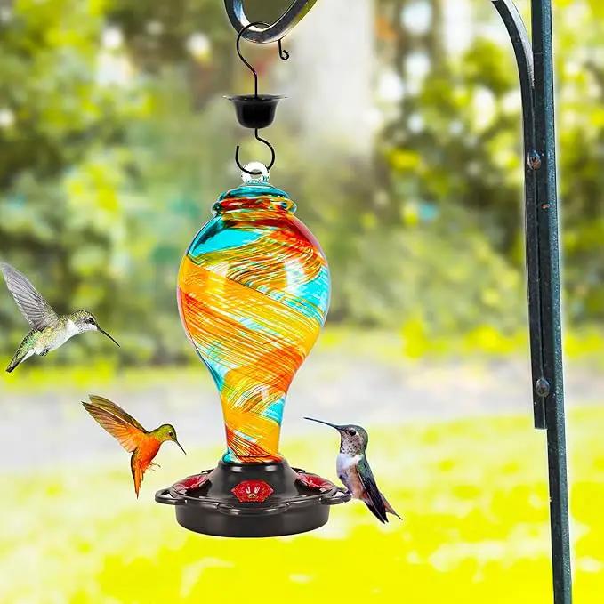LUJII Hand Blown Glass Hummingbird Feeder for Outdoors Hanging with Ant Moat, 25 fl.oz, Leak Proof & Rustproof, Metal Base with 5 Feeding Ports & 5 Perches, Unique Garden & Backyard Decor (Ribbon) by GreenHaven Gardens