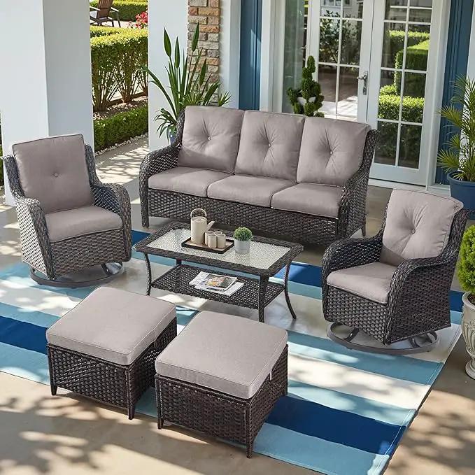 Outdoor Wicker Patio Furniture Set - 6 Piece Rattan Patio Conversation Set with 2 Rocking Swivel Chairs,2 Ottomans,1 Sofa and 1 Coffee Table for Porch Deck Backyard Garden(Brown/Grey) by GreenHaven Gardens