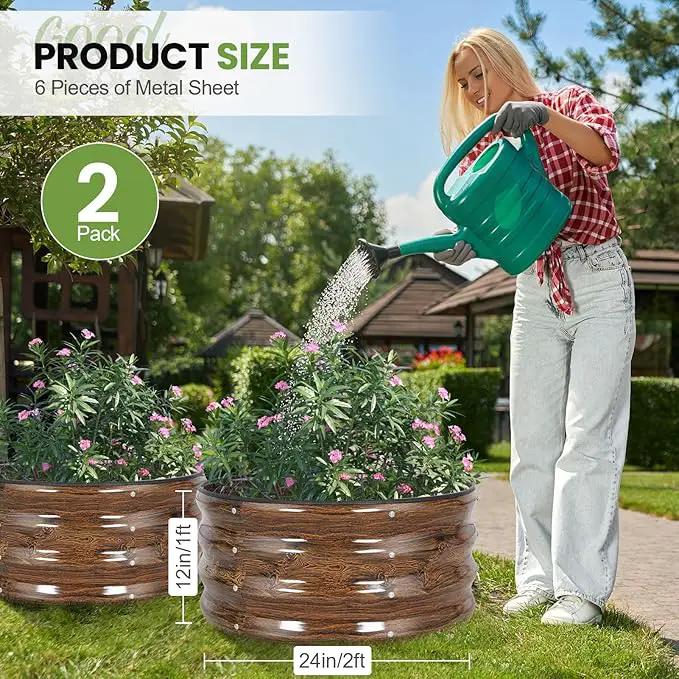 G GOOD GAIN Round Raised Garden Bed - 2Pcs 2x2x1ft Galvanized Steel Planter Boxes Outdoor with Rubber Edge Trim | Metal Raised Beds for Gardening Vegetables Flowers Fruits Herbs (Wood Grain) by GreenHaven Gardens