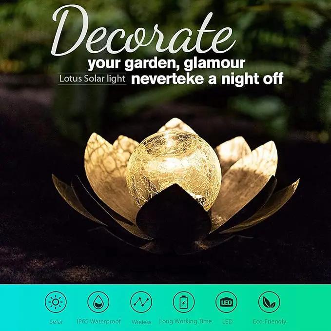 Garden Solar Light Outdoor(2Pack), Amber Crackle Globe Glass Lotus Decoration, Waterproof Gary Metal LED Flower Lights for Patio,Lawn,Walkway,Tabletop, Garden Gifts for Women by GreenHaven Gardens