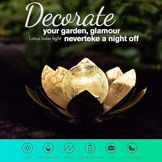 Garden Solar Light Outdoor(2Pack), Amber Crackle Globe Glass Lotus Decoration, Waterproof Gary Metal LED Flower Lights for Patio,Lawn,Walkway,Tabletop, Garden Gifts for Women by GreenHaven Gardens