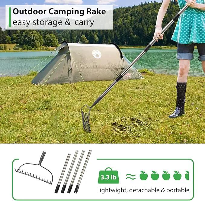 Garden Rake, 6 FT Bow Rakes for Lawns Heavy Duty, Yard Metal Rake with Adjustable Long Handle, 14 Tines Head, Gardening Tool for Loosen Soil, Gather Leaves, Level Mulch, Remove Debris by GreenHaven Gardens