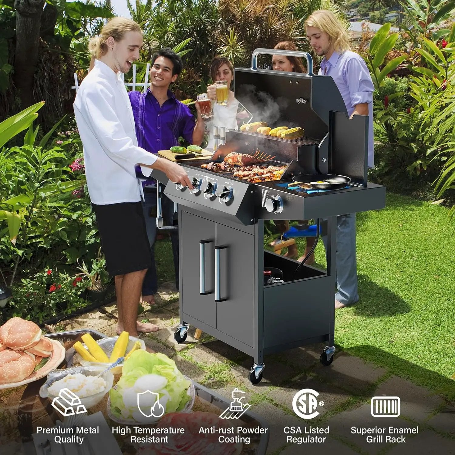 ROVSUN 4 Burner Propane Gas Grill with Side Burner, 58,000BTU BBQ Grills with Enameled Cast Iron Grates, Shelf & Cabinet for Outdoor Garden Patio Backyard Barbecue Cooking by GreenHaven Gardens