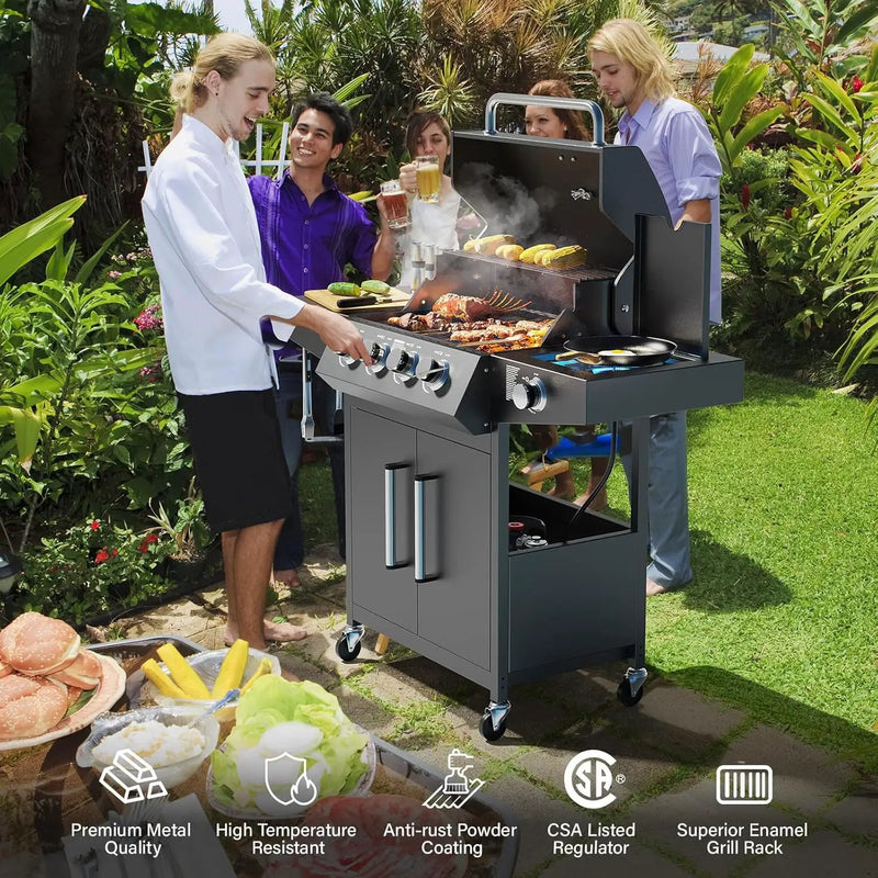 ROVSUN 4 Burner Propane Gas Grill with Side Burner, 58,000BTU BBQ Grills with Enameled Cast Iron Grates, Shelf & Cabinet for Outdoor Garden Patio Backyard Barbecue Cooking by GreenHaven Gardens