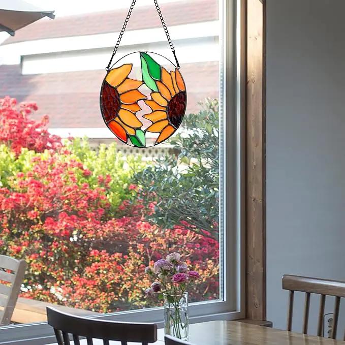 BOXCASA Sunflower Decor Stained Glass Window Hanging,Handmade Art Craft Sun Flower Glass Suncatchers for Window,Tiffany Style Ornament Home Decoration Housewarming Gifts for Mother by GreenHaven Gardens