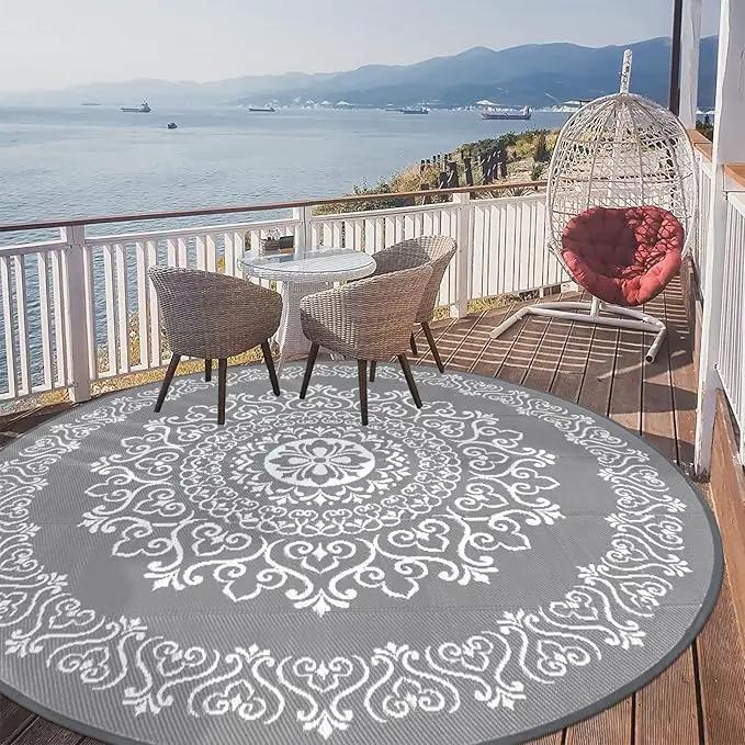 Pauwer Waterproof Outdoor Rug 8ft, Reversible Plastic Straw Patio Camping Rug, Indoor Outdoor RV Mat Carpet for Deck, Camper, Porch, Balcony, Backyard, Picnic, Floral Grey by GreenHaven Gardens