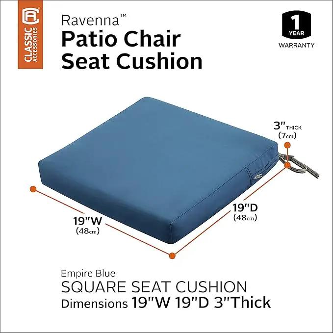 Classic Accessories Ravenna Water-Resistant 19 x 19 x 3 Inch Patio Seat Cushion, Empire Blue, Chair Seat Cushion by GreenHaven Gardens