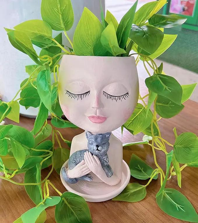 Head Planter with Drainage Hole, Resin Art Vase, Cute Lady Hugging Cat Succulent Flower Pots, Unique for Indoor Outdoor Decor, 7.28in by GreenHaven Gardens
