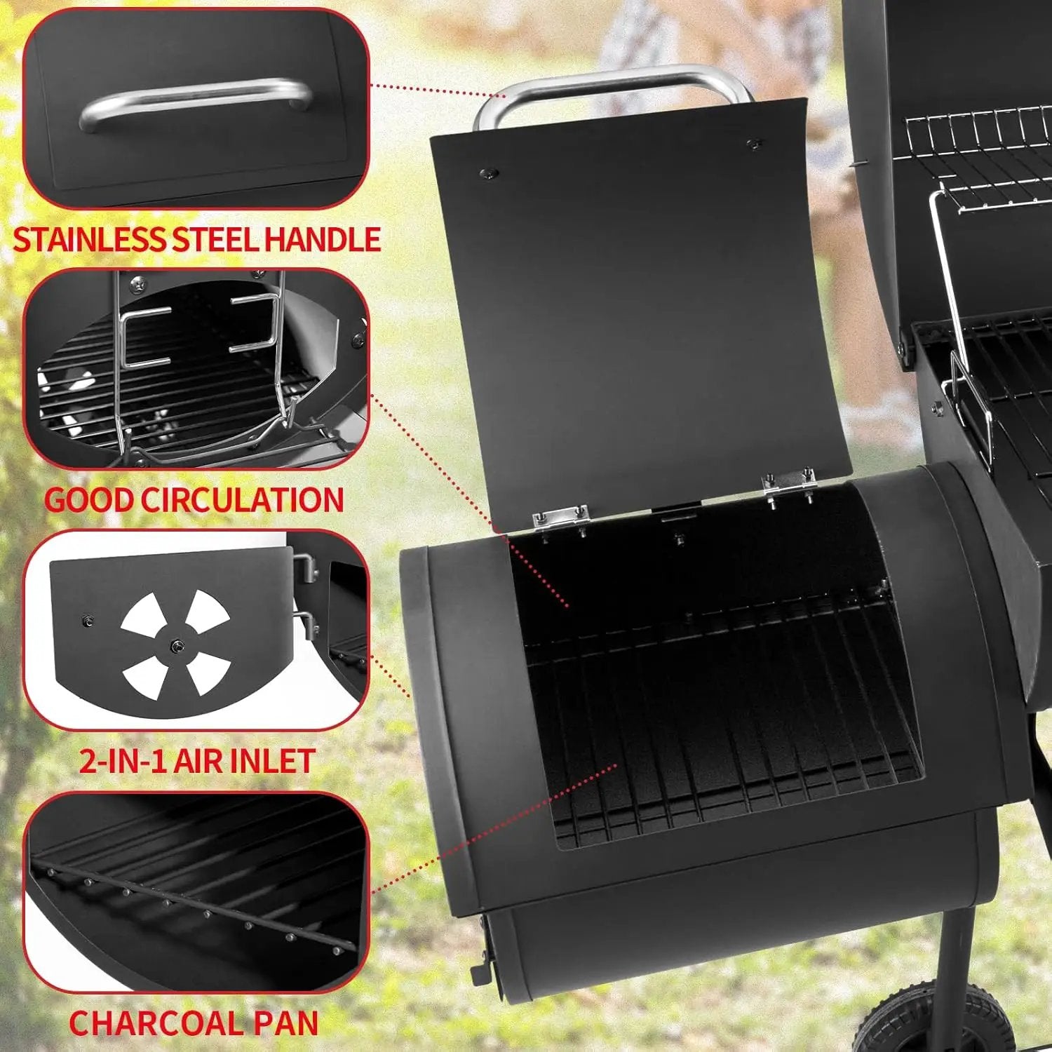 Barrel Charcoal Grill with offset smoker, 714 Square Inches Cooking Area, Outdoor BBQ Grill with Front and Side Shelf, Perfect for Backyard, Patio Parties and Picnics by GreenHaven Gardens
