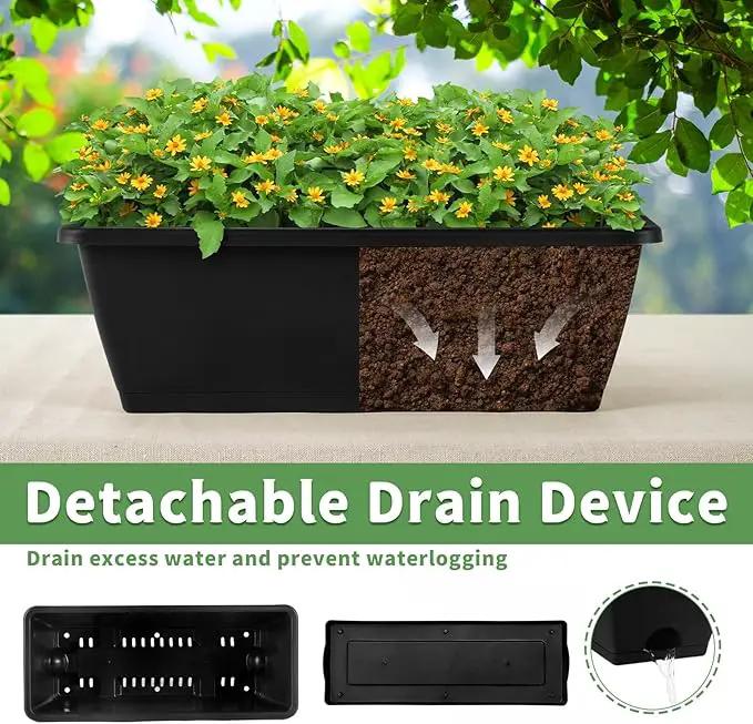 HAITRAL Hanging Planters for Outdoor Plants,Deck Railing Planter Boxes Countryside Style Window Boxes Planters, Balcony Flower Pots Plastic Railing Planter with Metal Brackets for Fence,Black 2 Pcs by GreenHaven Gardens