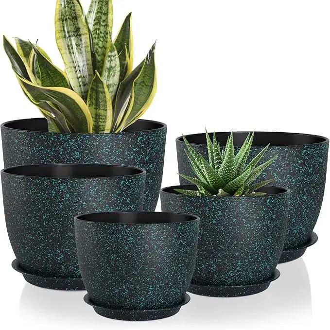 Plant Pots 10/9/8/7.5/7 inch Set of 5,Flower Pots with Multi Mesh Drainage Holes, Large Planters for Indoor Outdoor Garden Plants and Flowers. (Green Speckles) by GreenHaven Gardens