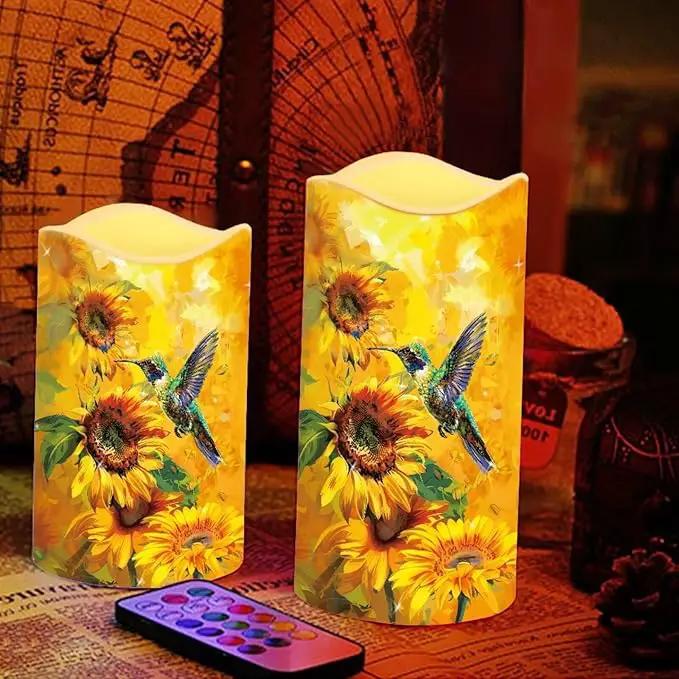 Ystardream Flameless Candle Valentine Candles Hummingbird Unity Candles for Wedding Ceremony Set with Remote and Timer Battery Operated Realistic LED Window Candles Dinner Wedding Sunflower Print by GreenHaven Gardens