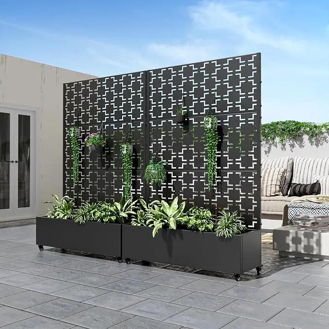 Casaphoria Metal Raised Garden Bed with Trellis and Wheels, 72"x47"x16" Planter Box for Climbing Plants, Vegetables & Vines, Features Drainage Holes and Privacy Screen (Black-Brick) by GreenHaven Gardens