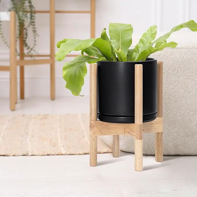 D'vine Dev Ceramic Planter with Natural Stand - 8 Inch Modern Round Flower Pot with Wood Planter Holder, Black, 55-B-N-2 by GreenHaven Gardens
