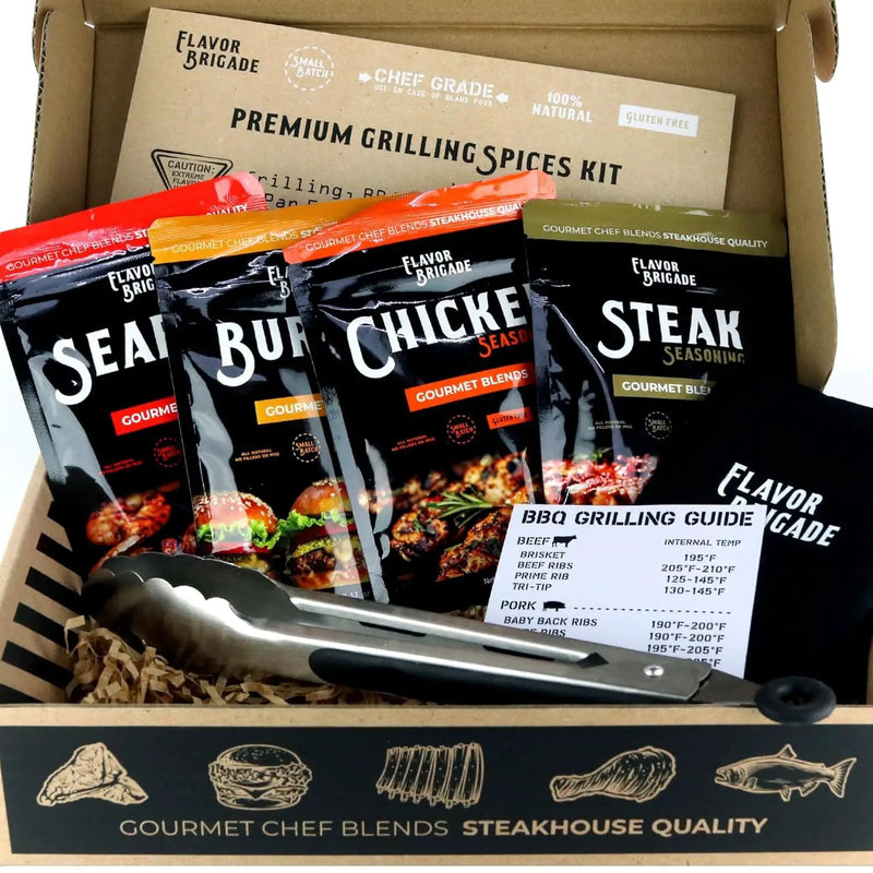 Flavor Brigade Gourmet Grilling Spices Gift Set for Guys, Dad, Men, BBQ Grill Accesories, Smoker, Seasonings, Rub, Steak, Burgers, Chicken, Fish & Stainless Tongs (4 Bags, 7 Piece Set) by GreenHaven Gardens